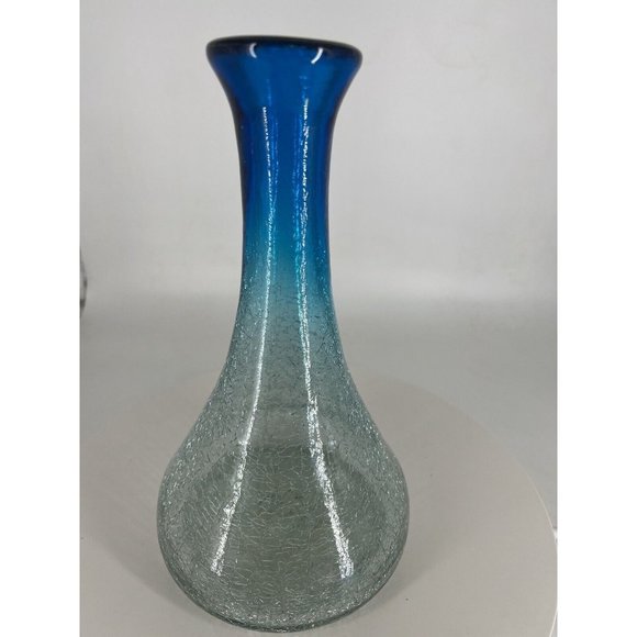 CRACKLE GLASS  Decanter Wine Carafe Flower Vase Blue Turquoise And Clear 10”Tall - Picture 7 of 7